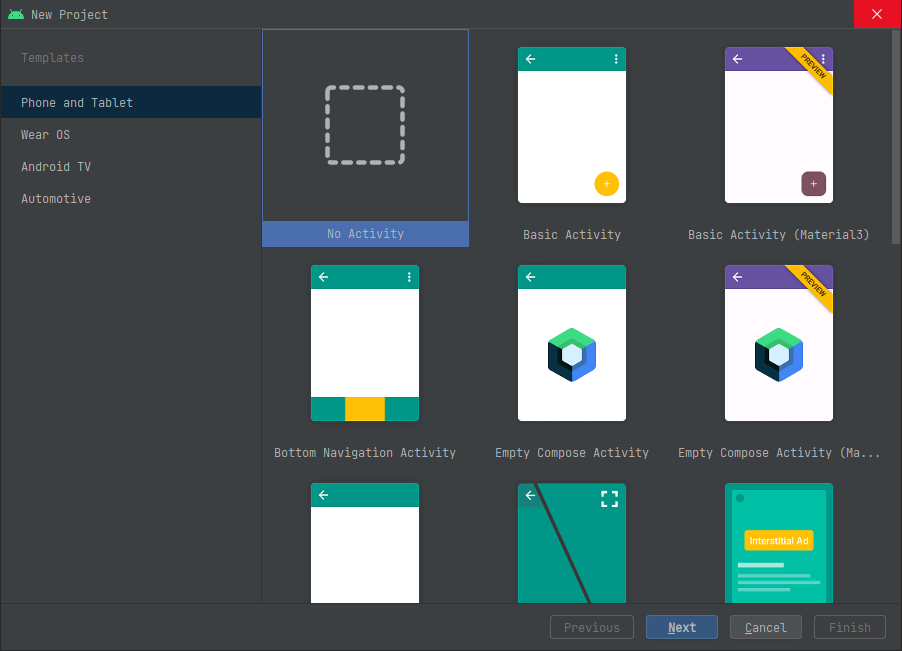 New Project -> No Activity